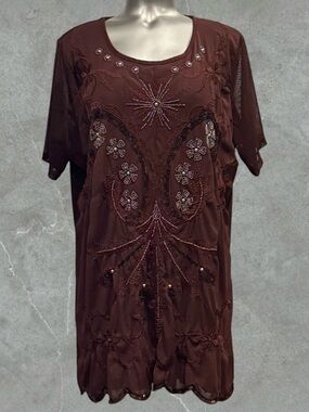 2 for $30 | Women's Embellished Brown Mesh Short Sleeve Top